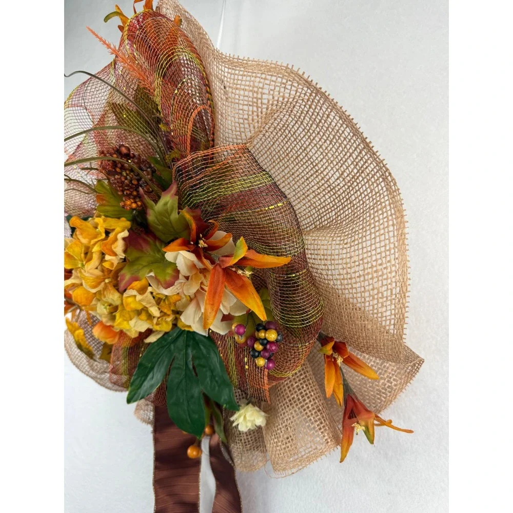 Handmade Fall Floral Wreath Burlap Deco Mesh Orange Yellow Hydrangea Decor